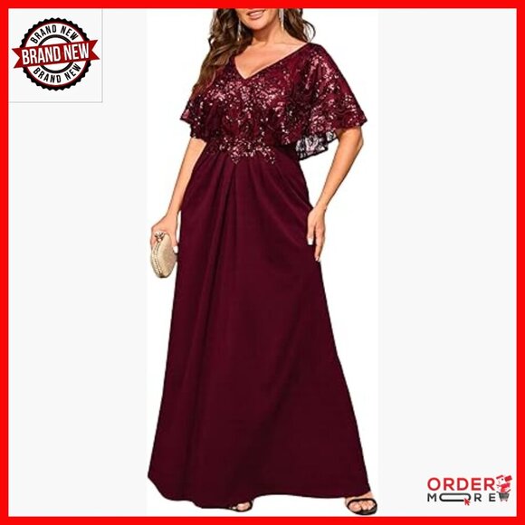 Dresses & Skirts - Plus Size Sequin Formal Evening Dress V-Neck Cape Sleeve Maxi